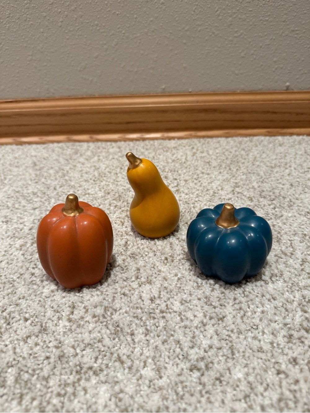Set of 3 Ceramic Mini Pumpkins & Gourd - Orange, Blue, Mustard with Gold Stems